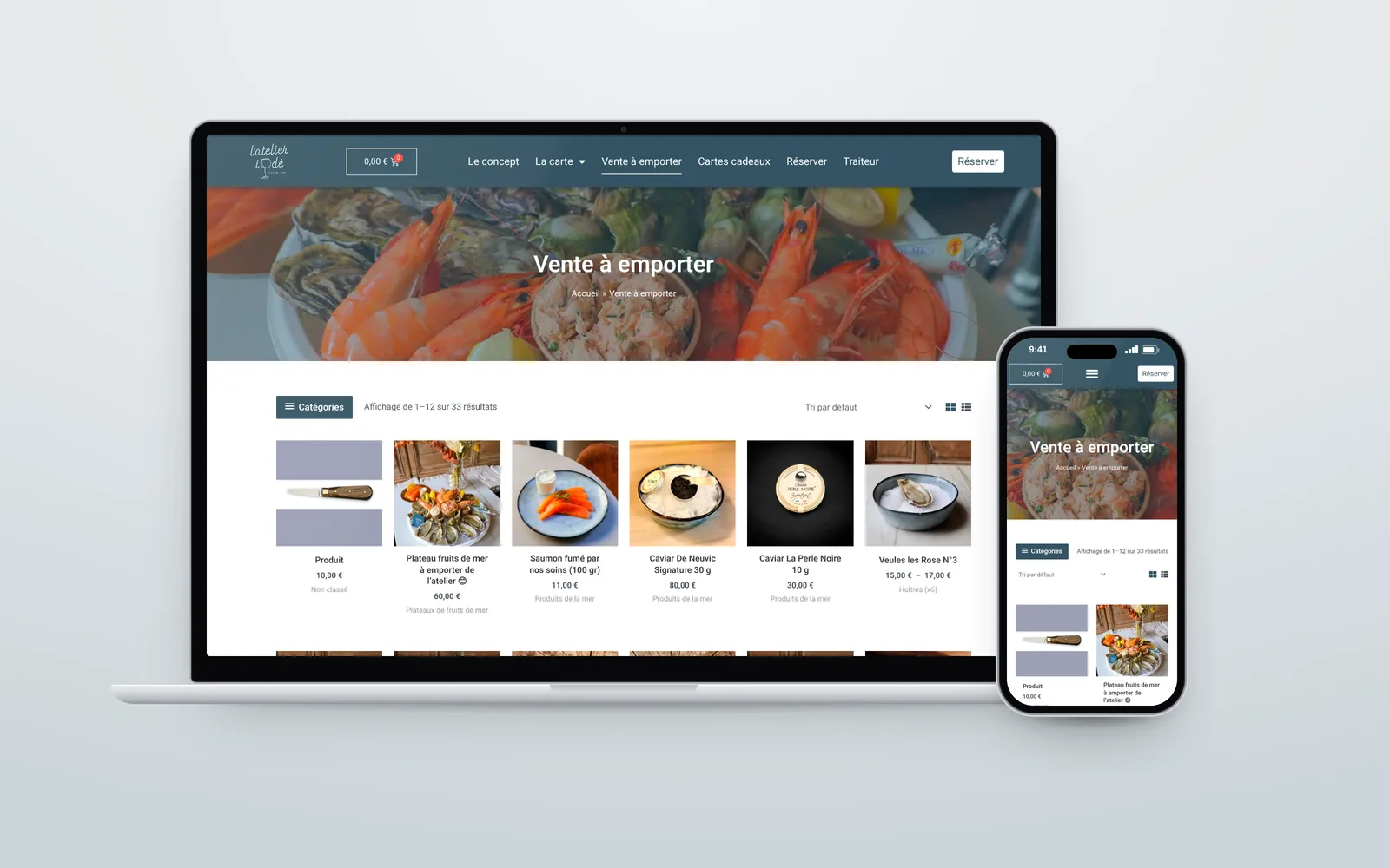 Page Vente à emporter du site de L’atelier iodé sur ordinateur et mobile : plateaux, huîtres et produits de la mer commandés en ligne