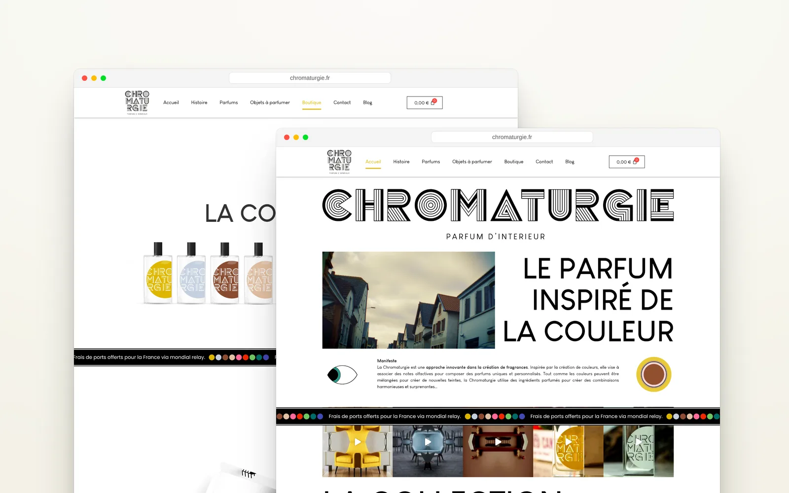 Pages d’accueil et boutique du site de Chromaturgie, parfum d’intérieur, réalisé par Lille Web