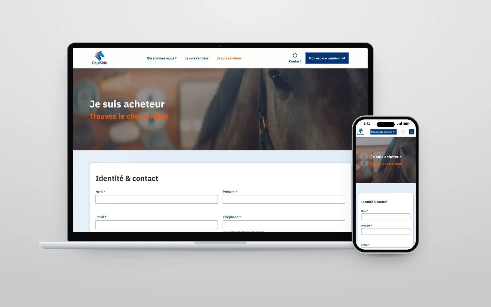 Parcours acheteur de la plateforme Equiside, sur ordinateur et mobile