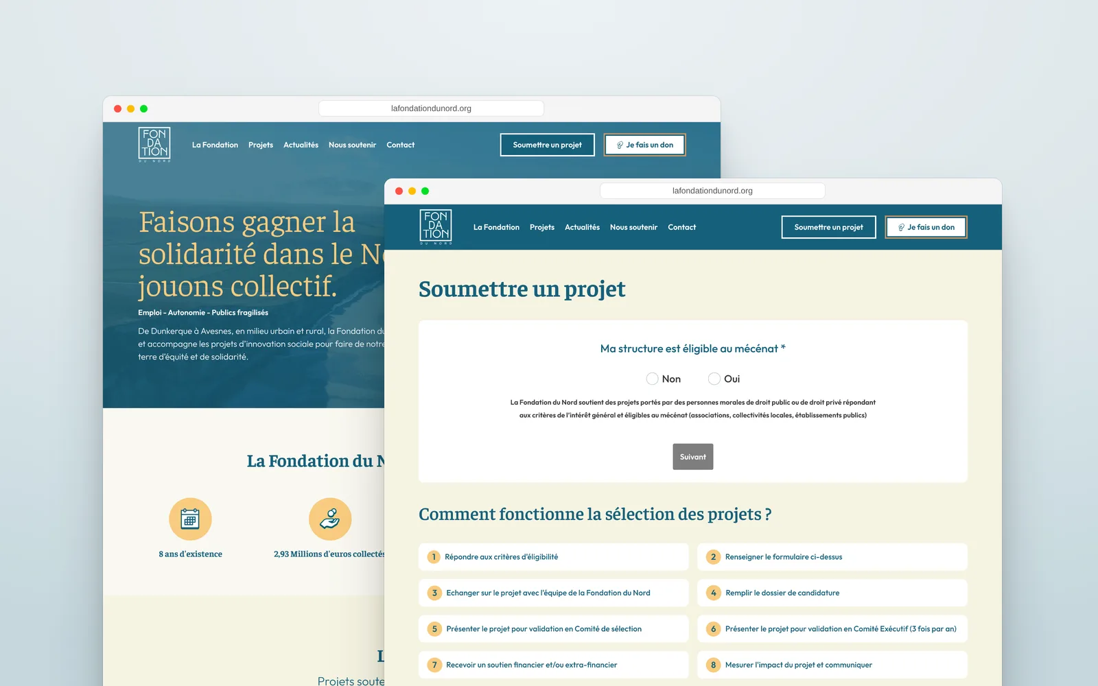 Parcours « Soumettre un projet » du site de la Fondation du Nord, devant sa page d’accueil