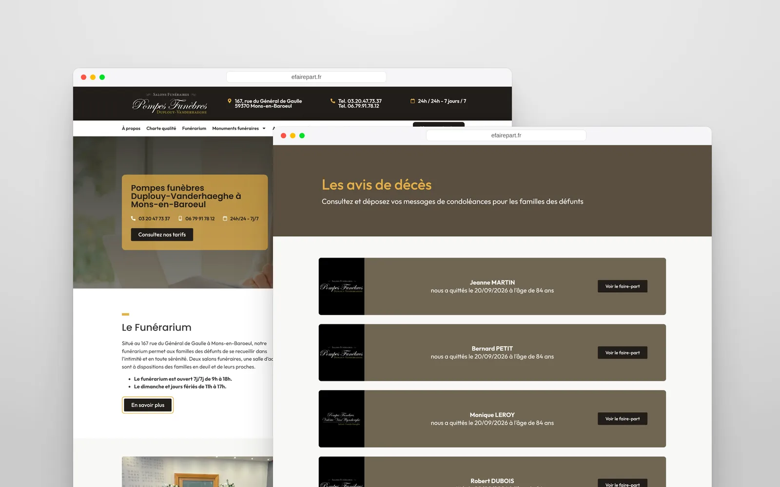 Plateforme de faire-part en ligne efairepart, devant le site des Pompes funèbres Duplouy-Vanderhaeghe