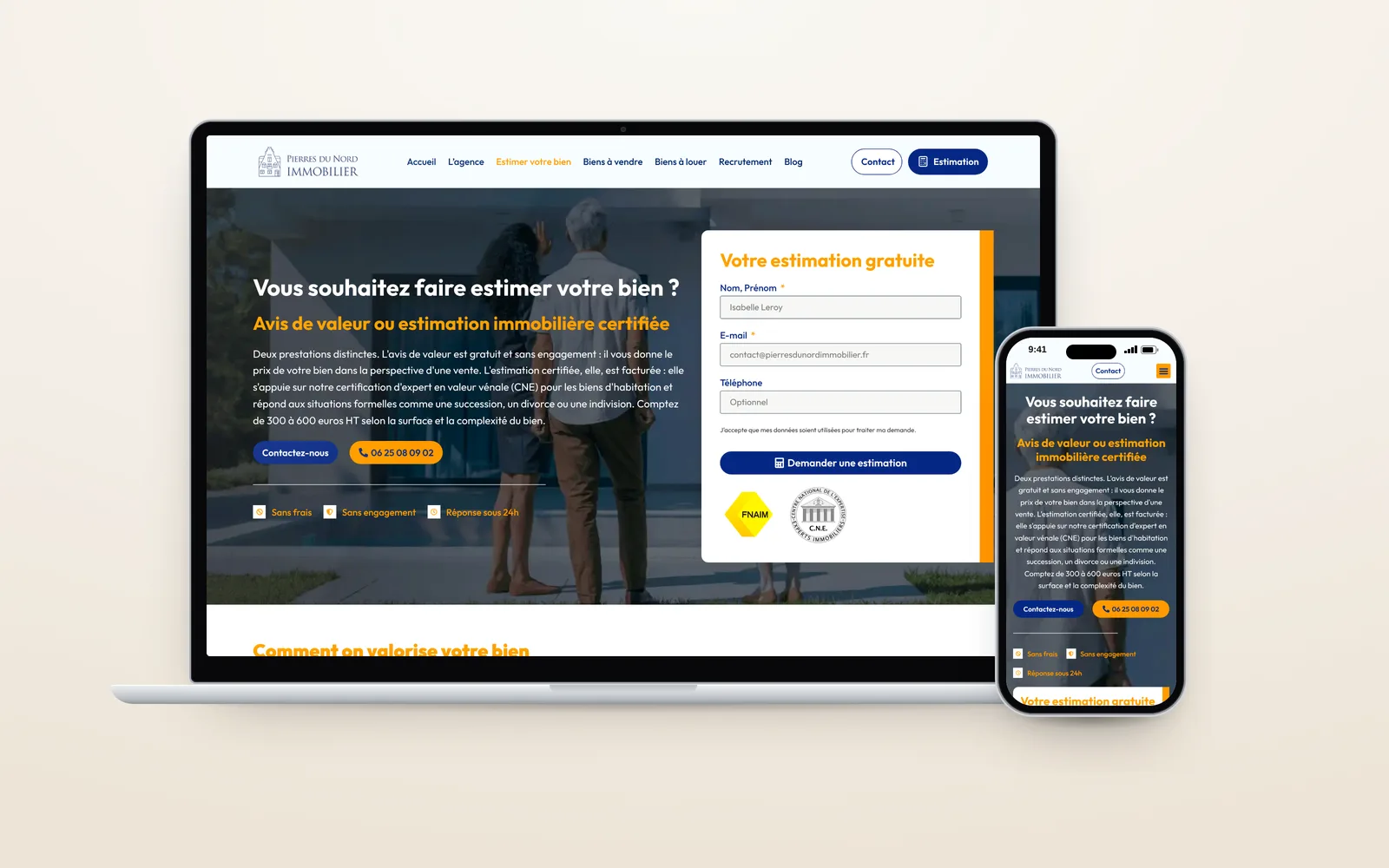 Page d’estimation en ligne du site de Pierres du Nord Immobilier, sur ordinateur et mobile