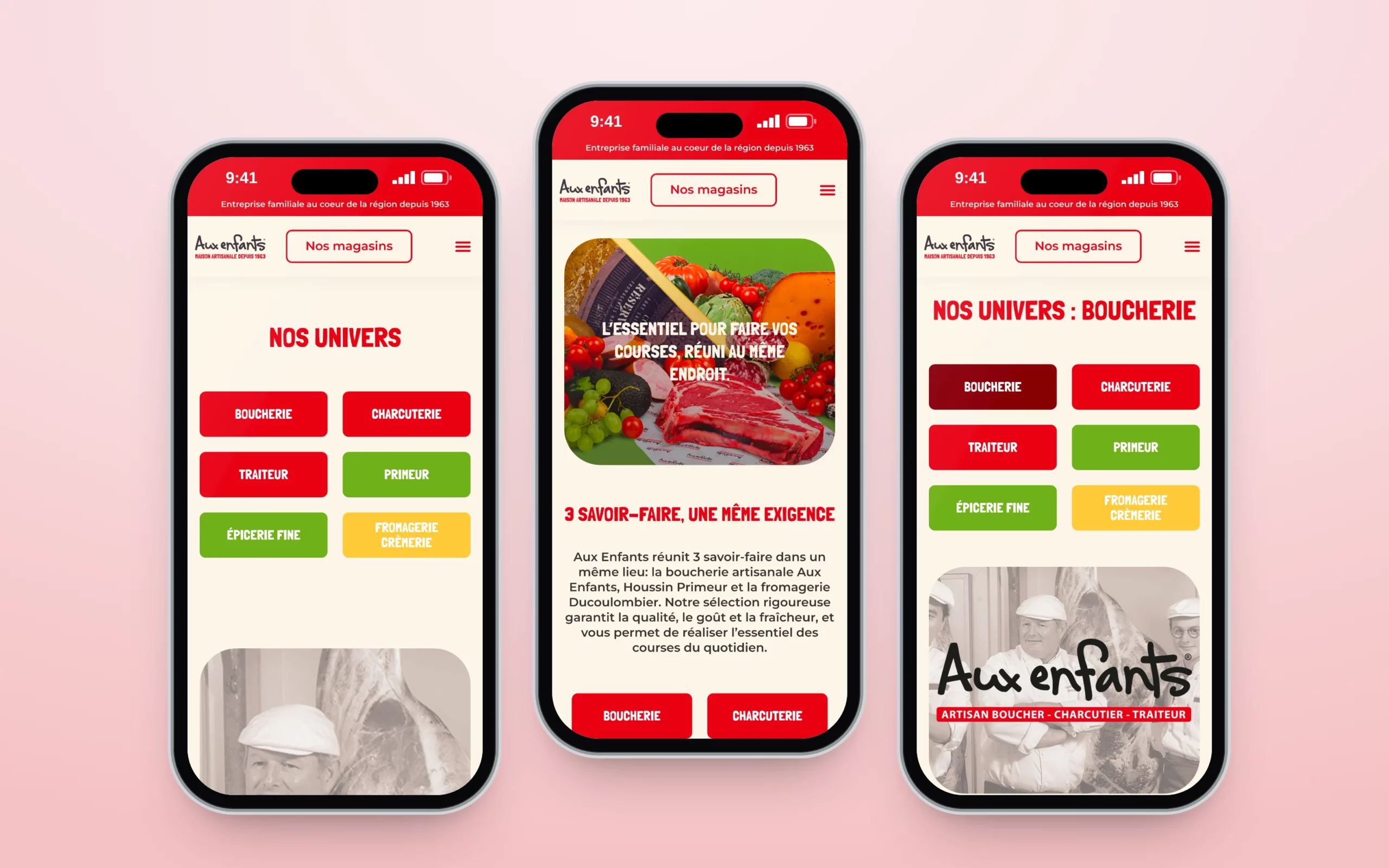 Site d’Aux Enfants, boucherie, primeur et fromagerie : trois pages sur téléphone