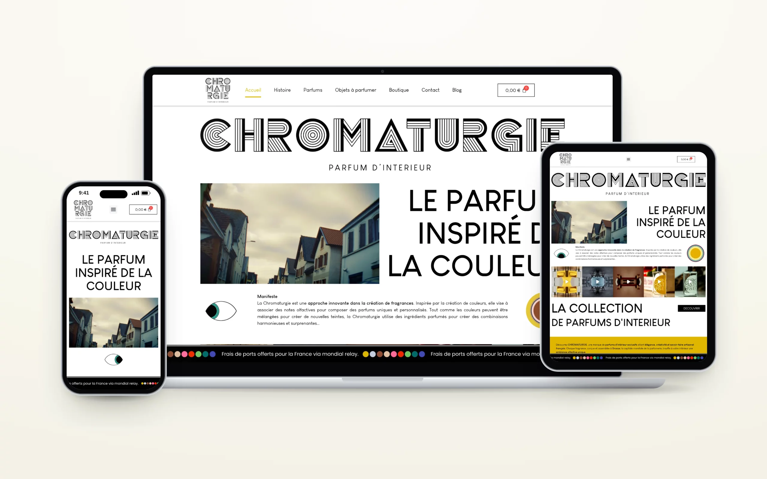Boutique en ligne de Chromaturgie, parfums d’intérieur, sur ordinateur, tablette et téléphone