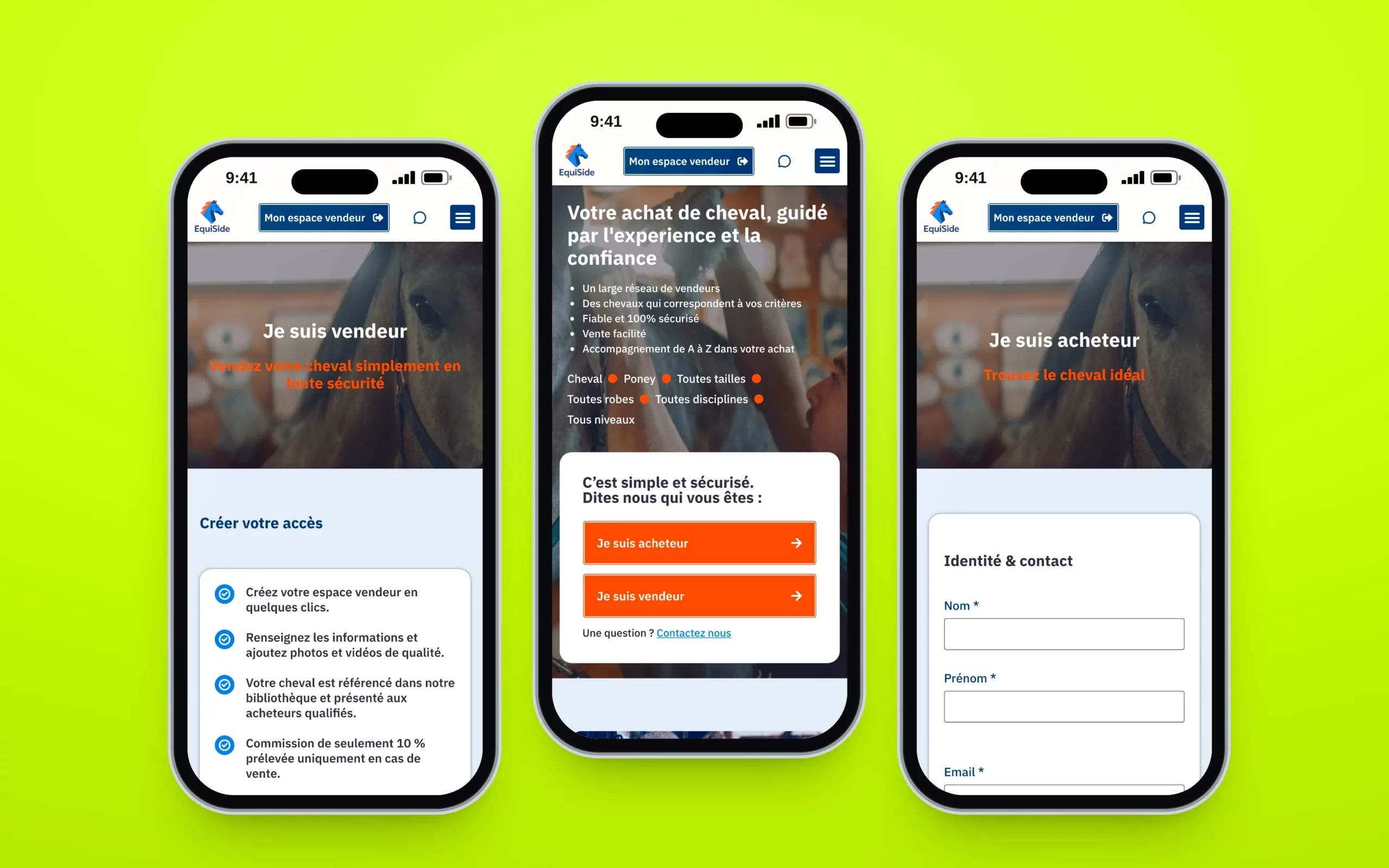 Plateforme Equiside, mise en relation de vendeurs et d’acheteurs de chevaux : trois écrans sur téléphone