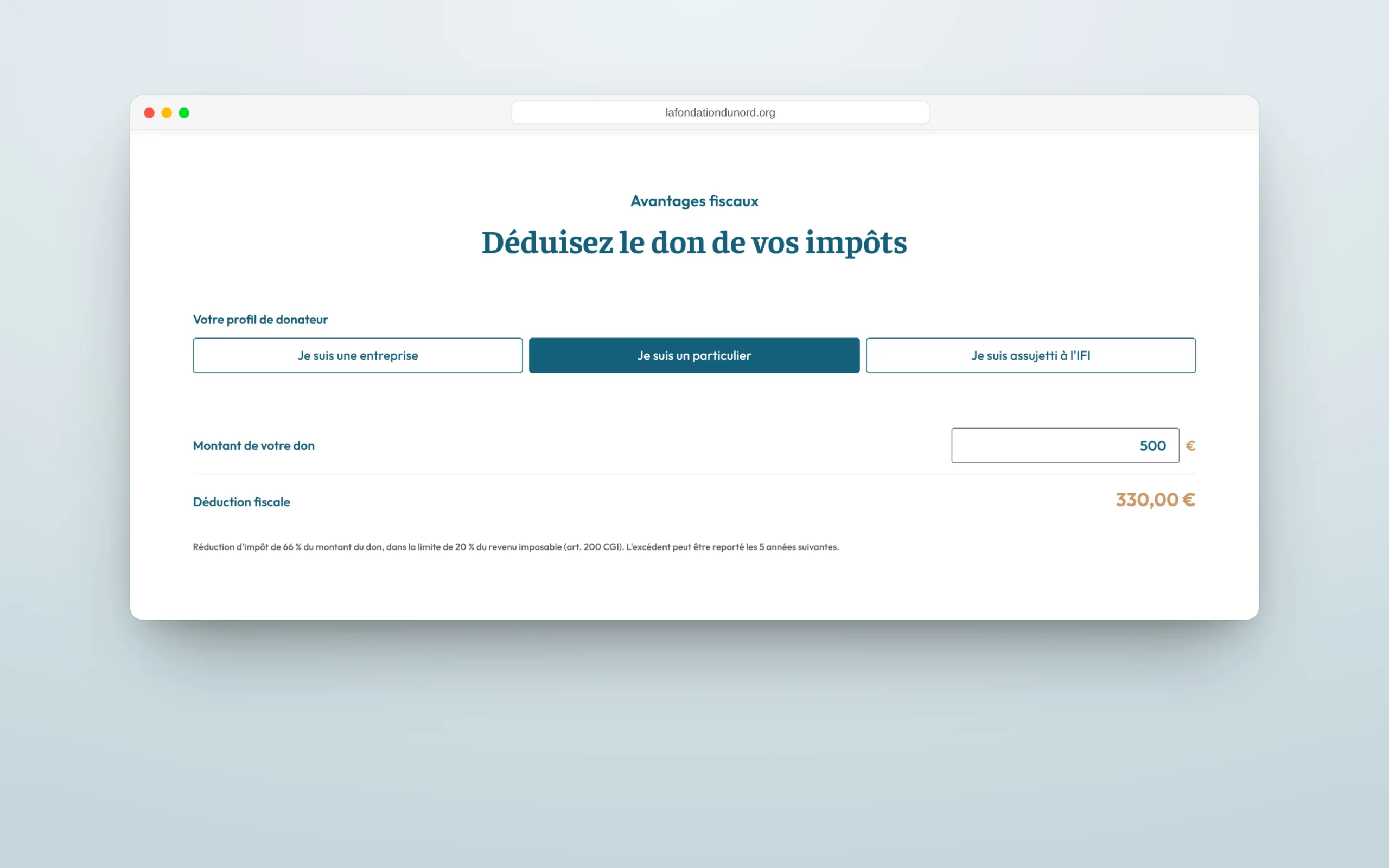 Le calculateur de la page Nous soutenir : 500 € donnés par un particulier, 330 € déduits.