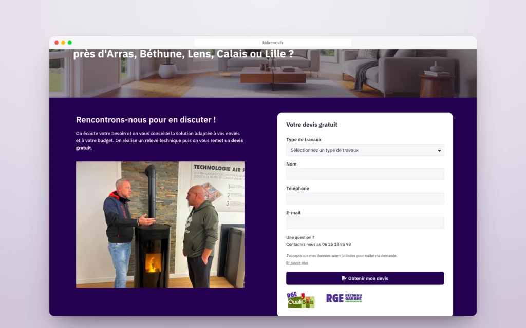 Formulaire de devis gratuit du site Kidirénov : type de travaux, nom, téléphone, e-mail