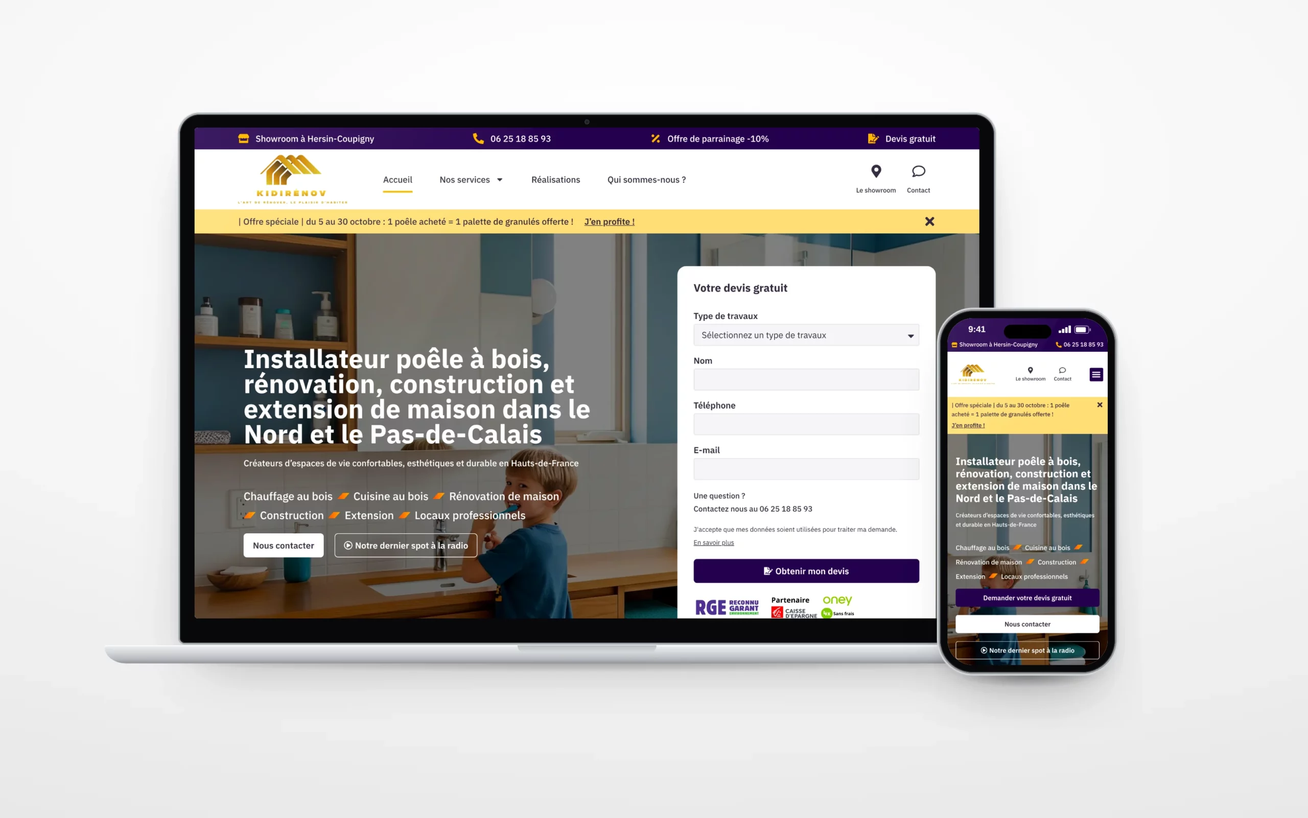 Site de Kidirénov, poêles à bois et rénovation, sur ordinateur portable et téléphone