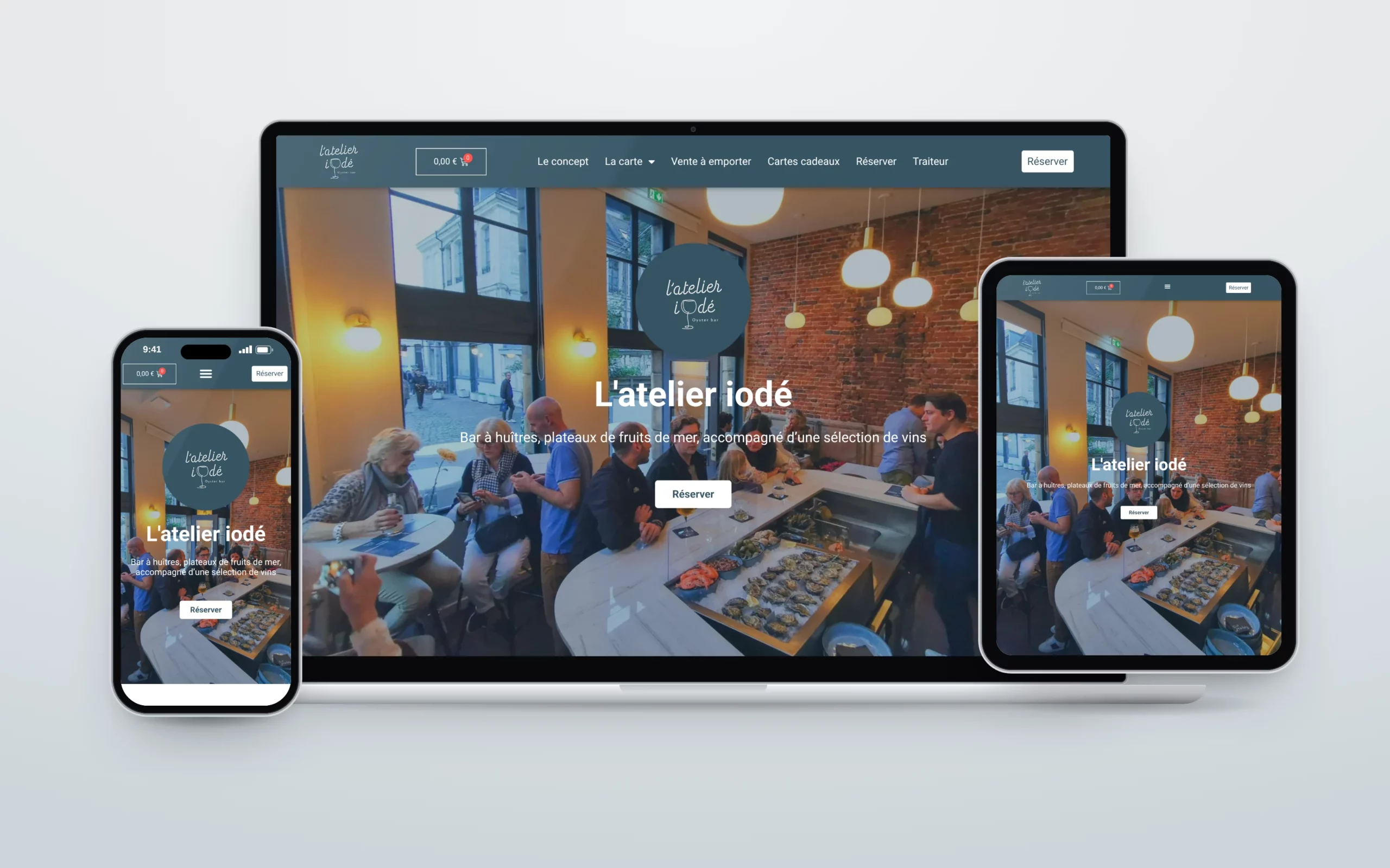 Site de L’atelier iodé, bar à huîtres du Vieux-Lille, sur ordinateur, tablette et téléphone