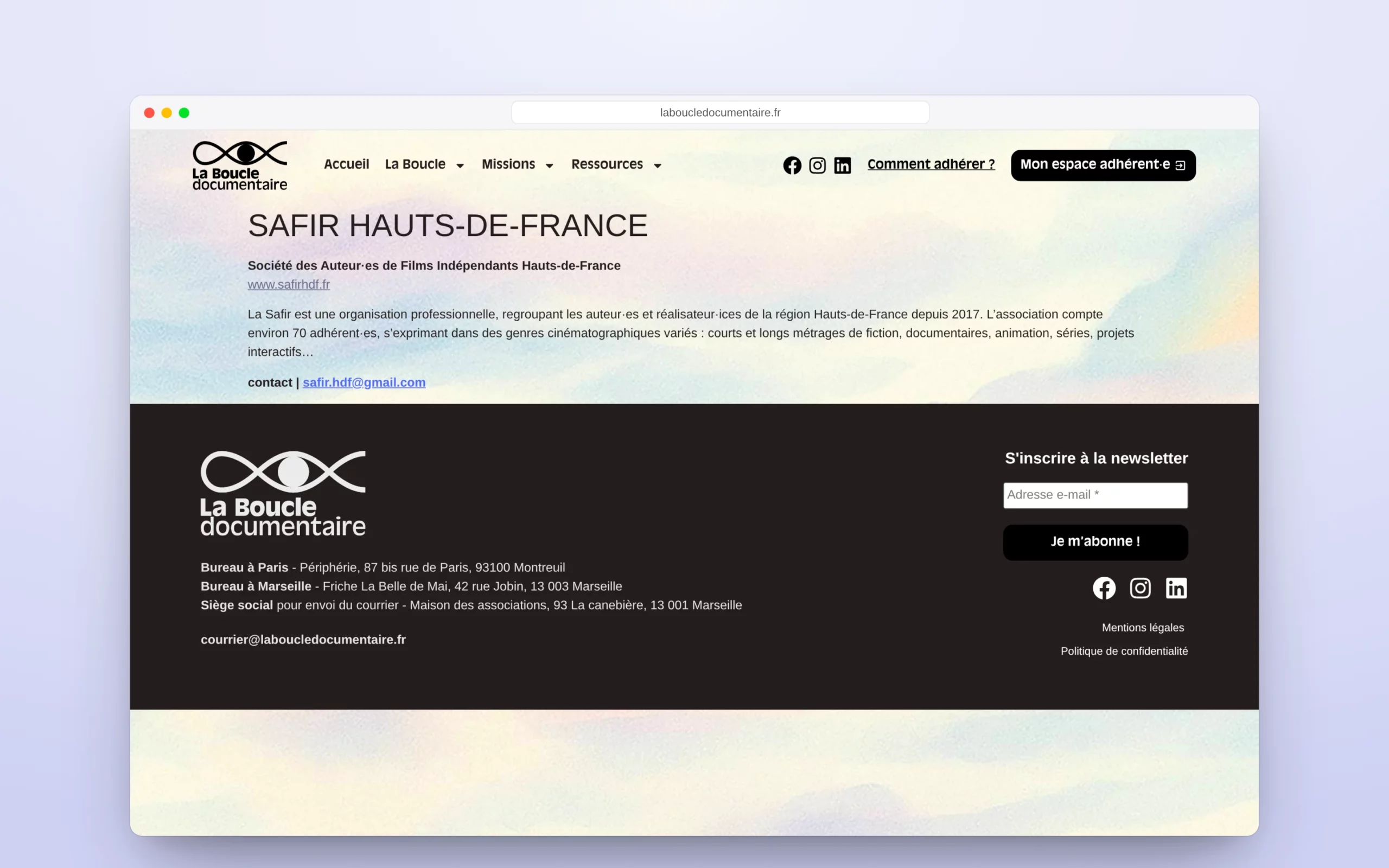 La fiche d’une association membre.