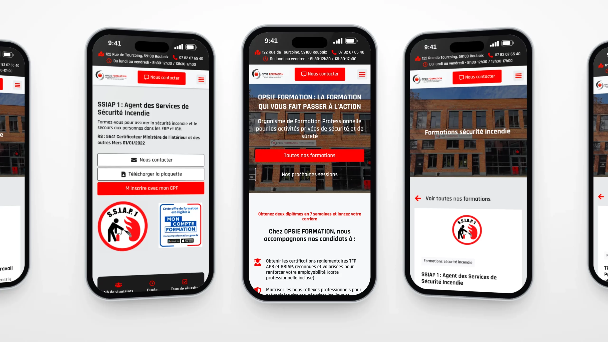 Site d’OPSIE Formation, organisme de formation en sécurité à Roubaix : cinq pages sur téléphone