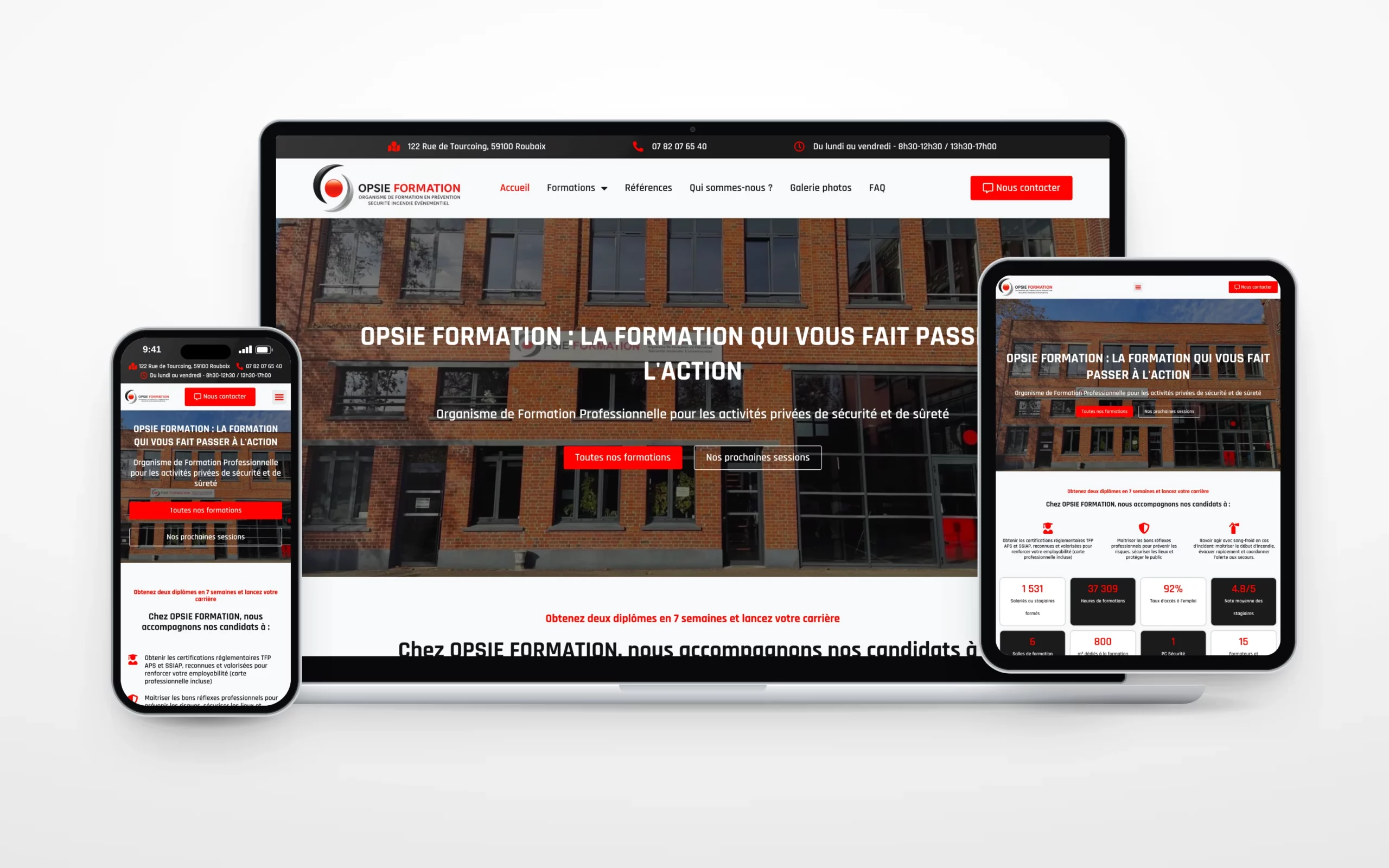 Site d’OPSIE Formation, organisme de formation en sécurité à Roubaix, sur ordinateur, tablette et téléphone