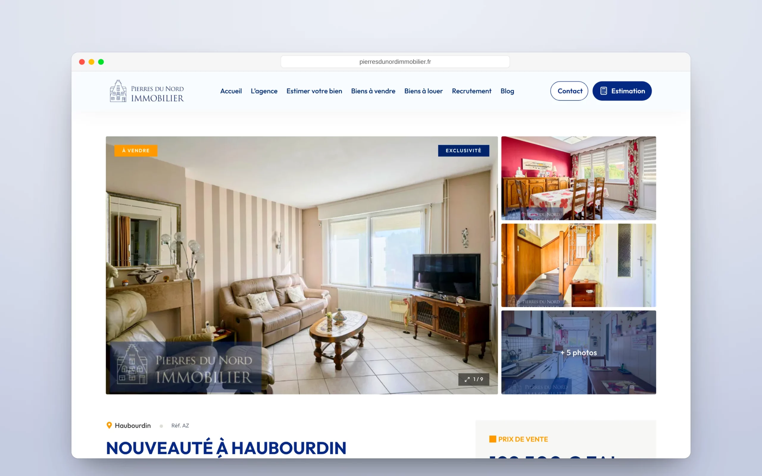 Une fiche bien : galerie, titre et localisation.