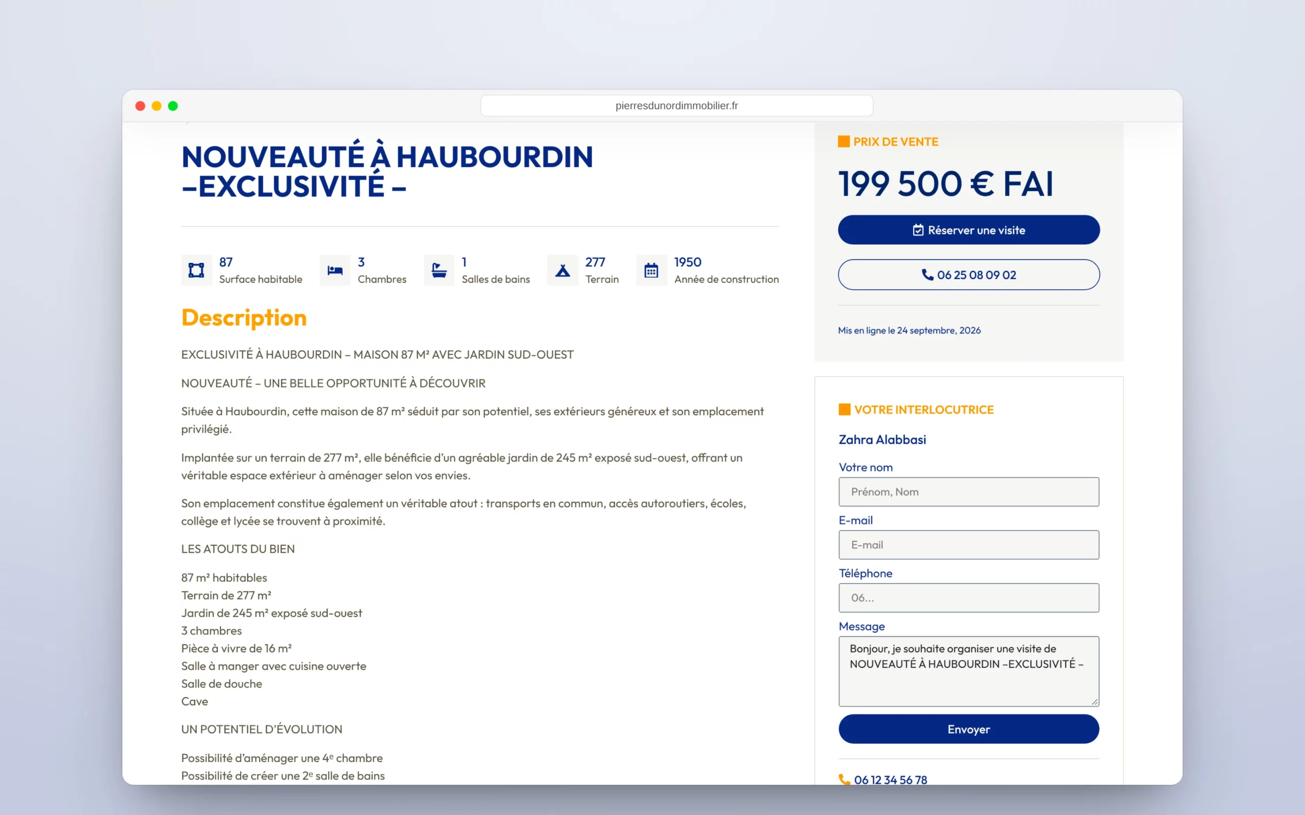 Chiffres clés, prix et demande de visite.