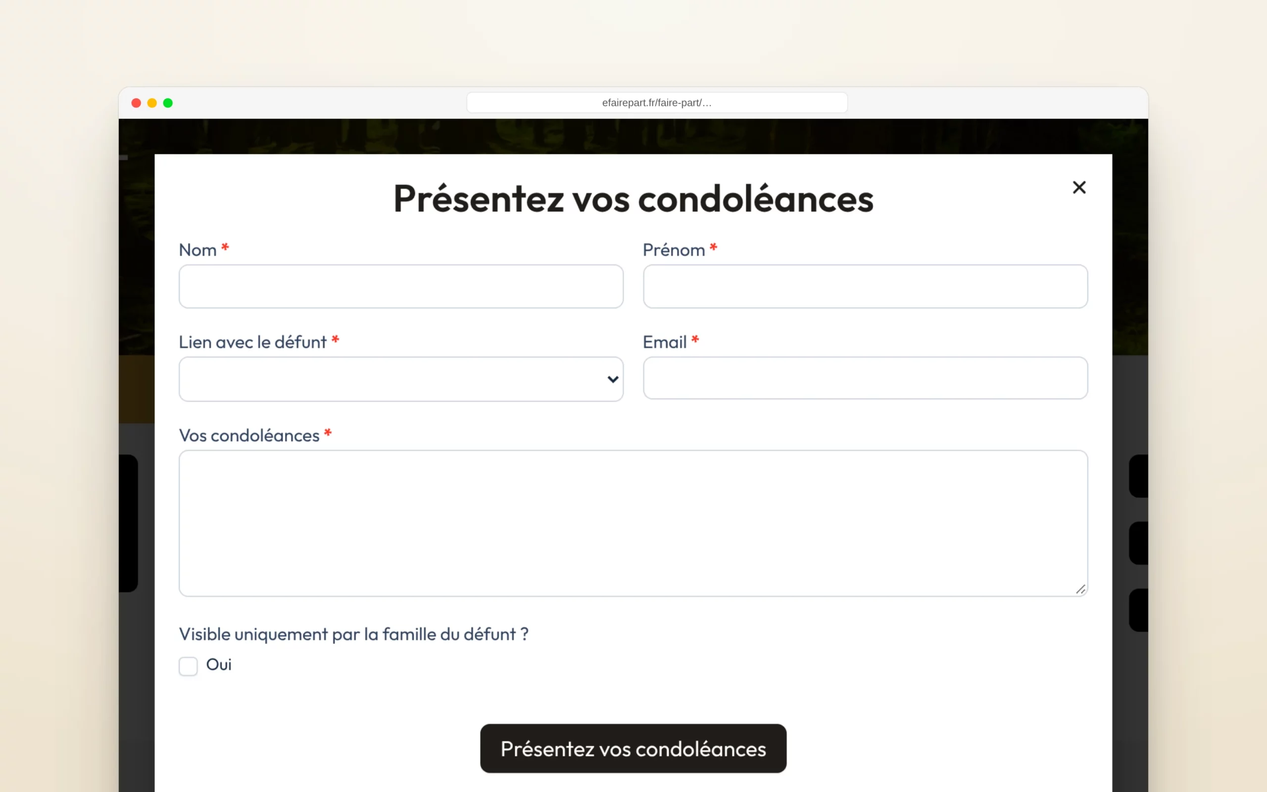 Le formulaire de condoléances : la case « Visible uniquement par la famille du défunt ».