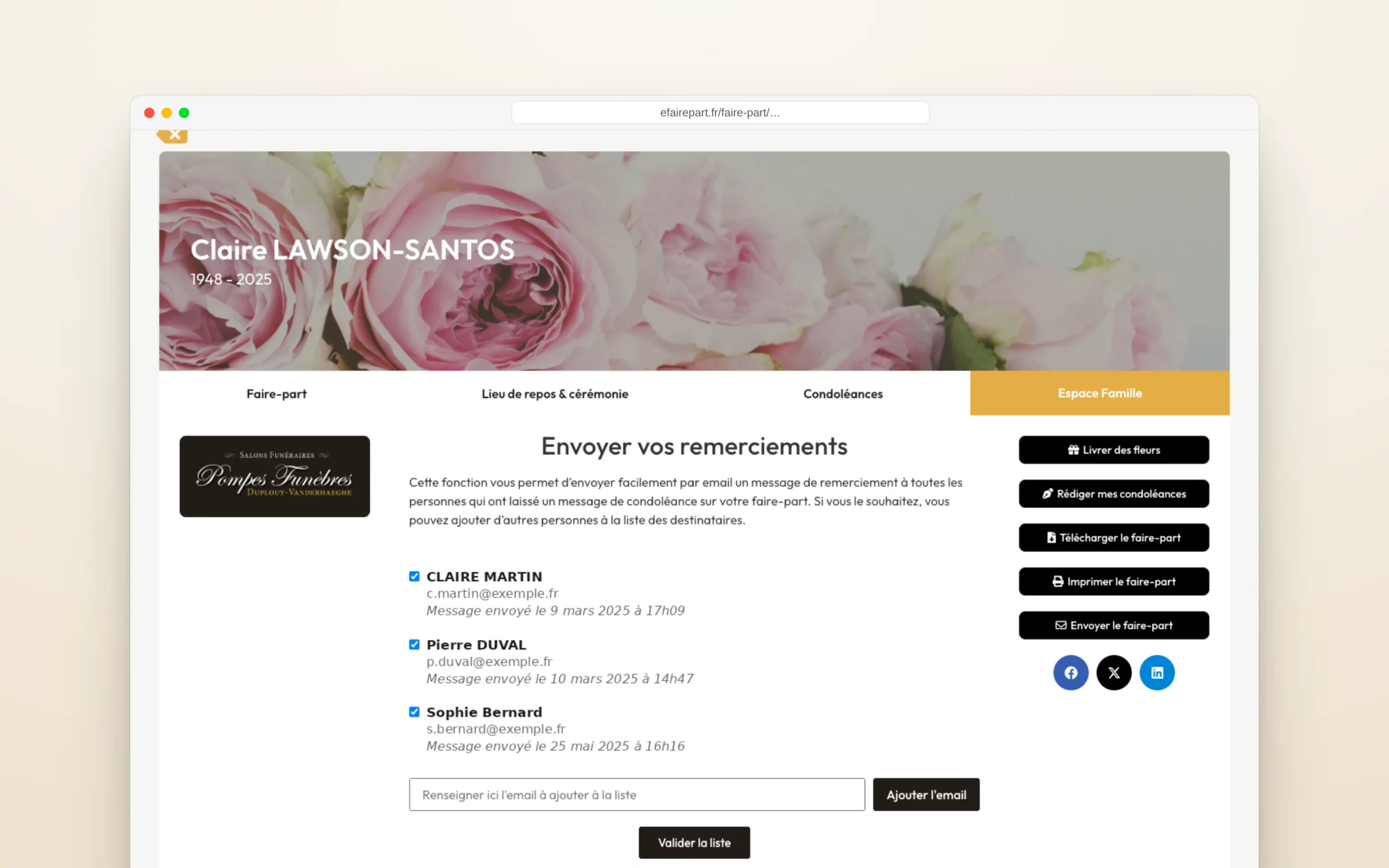 L’espace famille : l’envoi des remerciements (valeurs fictives).