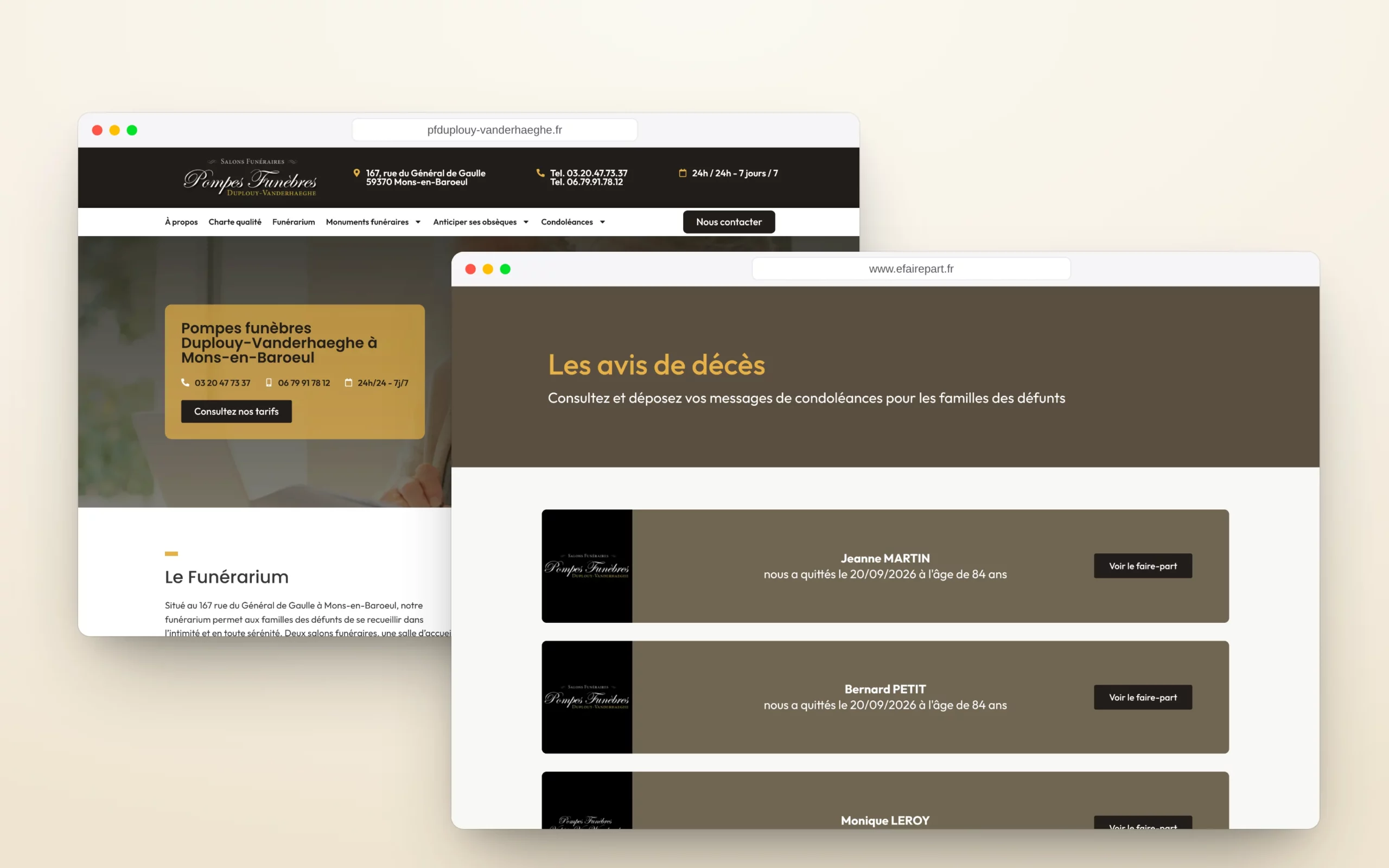 Site des Pompes funèbres Duplouy-Vanderhaeghe et plateforme de faire-part en ligne efairepart