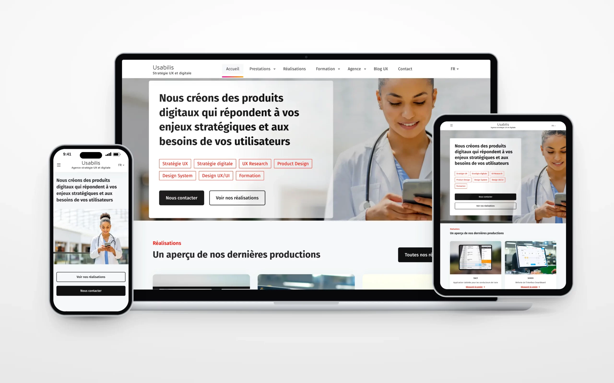 Site d’Usabilis, agence UX à Paris, sur ordinateur, tablette et téléphone